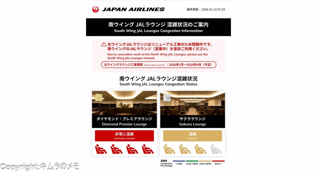 日本航空 羽田空港国内線ラウンジ改修に伴う閉鎖による最新の混雑状況